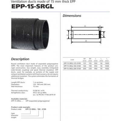 TUB VENTILATIE SRGL EPP 15MM D.200F L1000MM TUB VENTILATIE SRGL EPP 15MM D.200F L1000MM