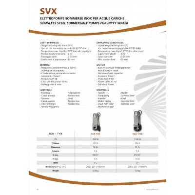 POMPA SUBMERS. EVACUARE APE UZATE EL.EUMA SVX 1100, 230 V~50Hz, 1,1kW