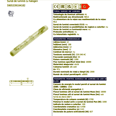 LAMPA CU HALOGEN 1000W DREAPTA 189mm